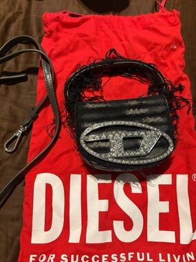 Diesel Black Quilted Mini Bag with Crystal Logo Emblem
